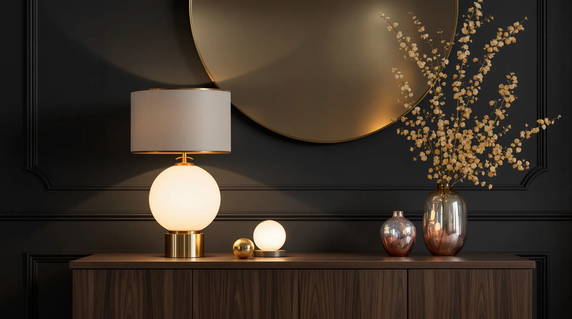 Lampe à globe opalin, miroir rond à cadre laiton et vase irisé dans une pièce à la lumière du soir